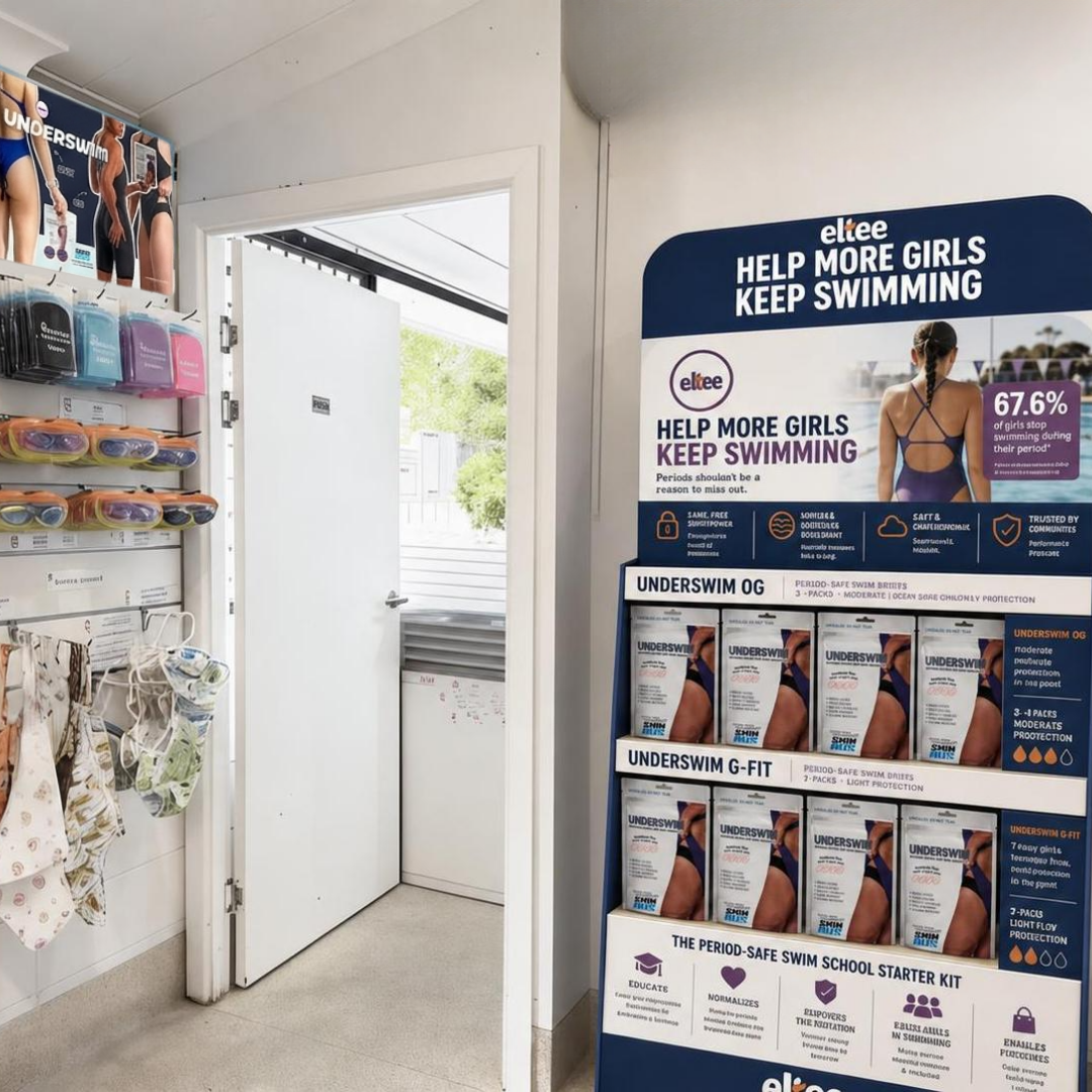 Eltee Period-Safe Swim School Starter Kit freestanding display in a swim-school retail area