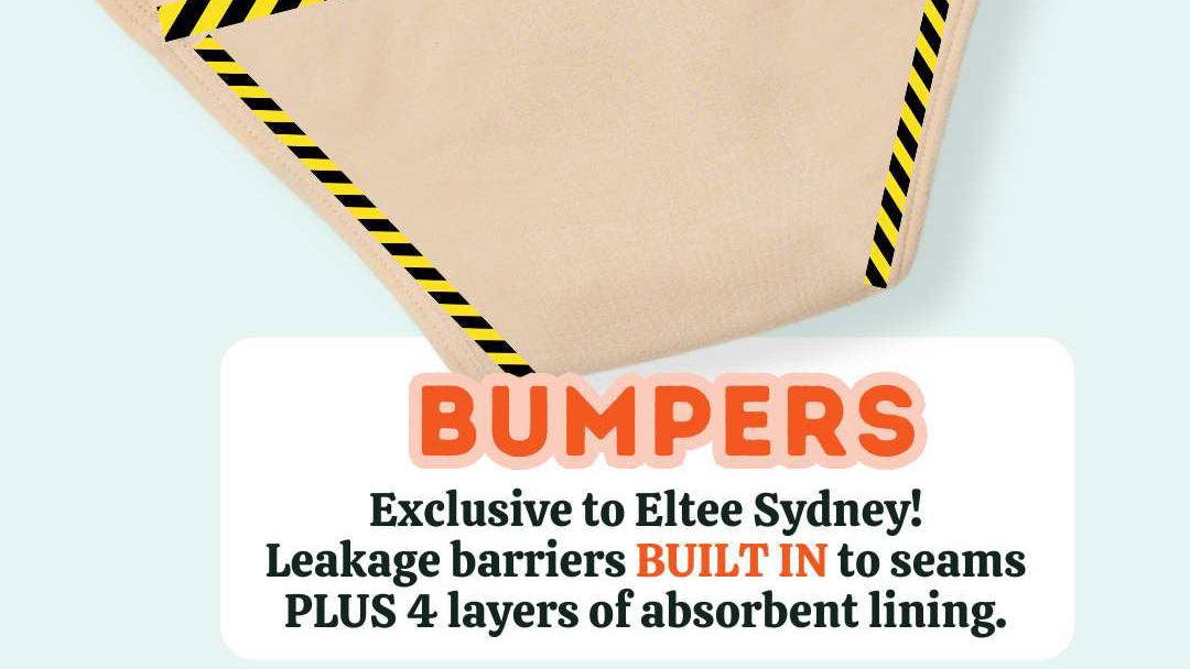 Bumpers Briefs illustration highlights leak-locking barriers built into both side seams, alongside four layers of absorbent lining.