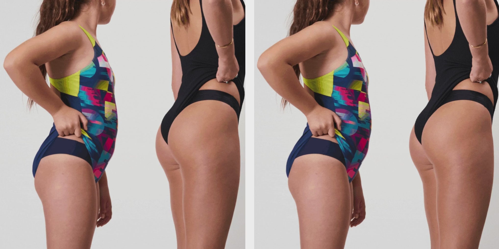Load video: transition between two girls wearng two different styles of UnderSwim period swim underwear