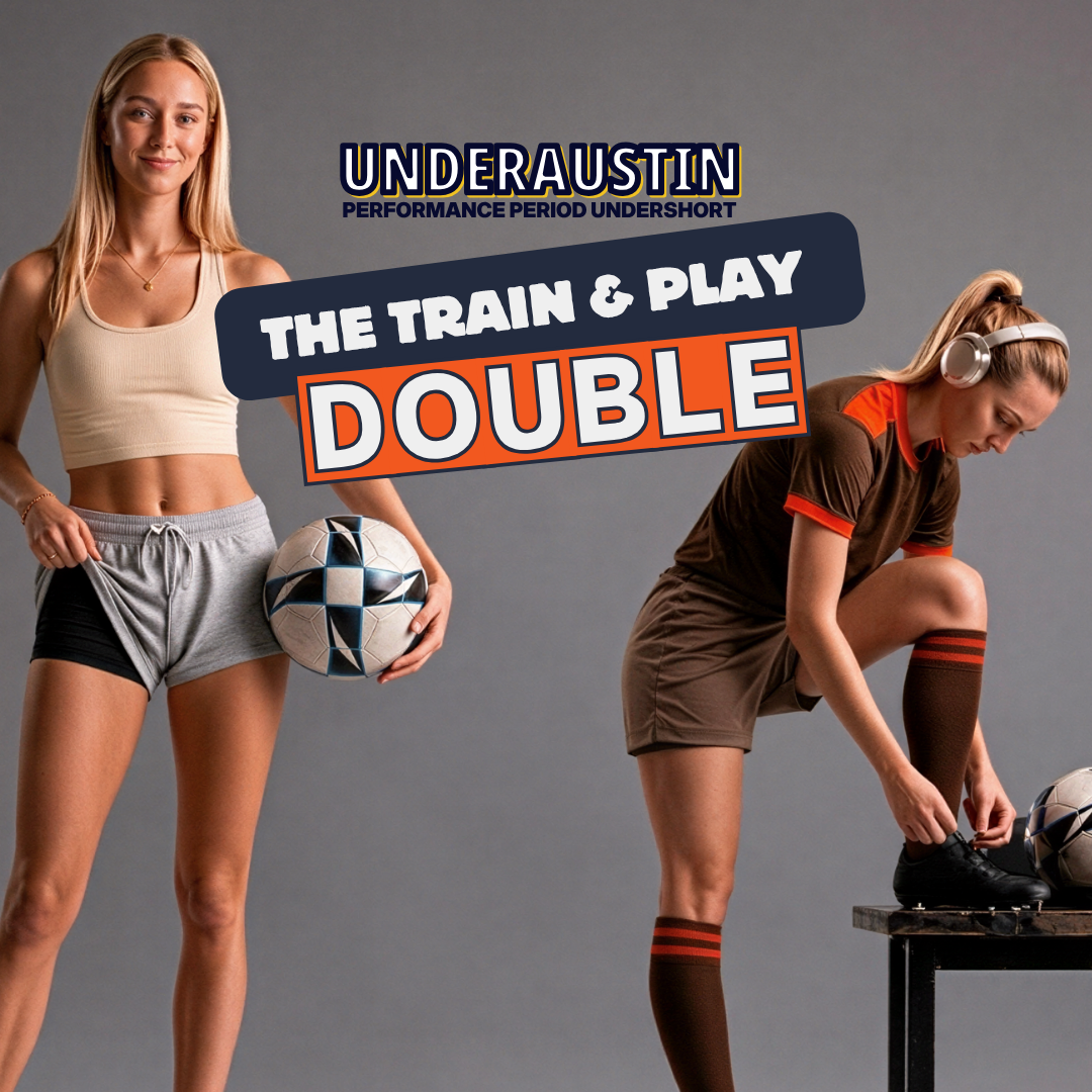 UnderAustin performance period undershorts, The Train & Play Double bundle, with football training and game-day imagery