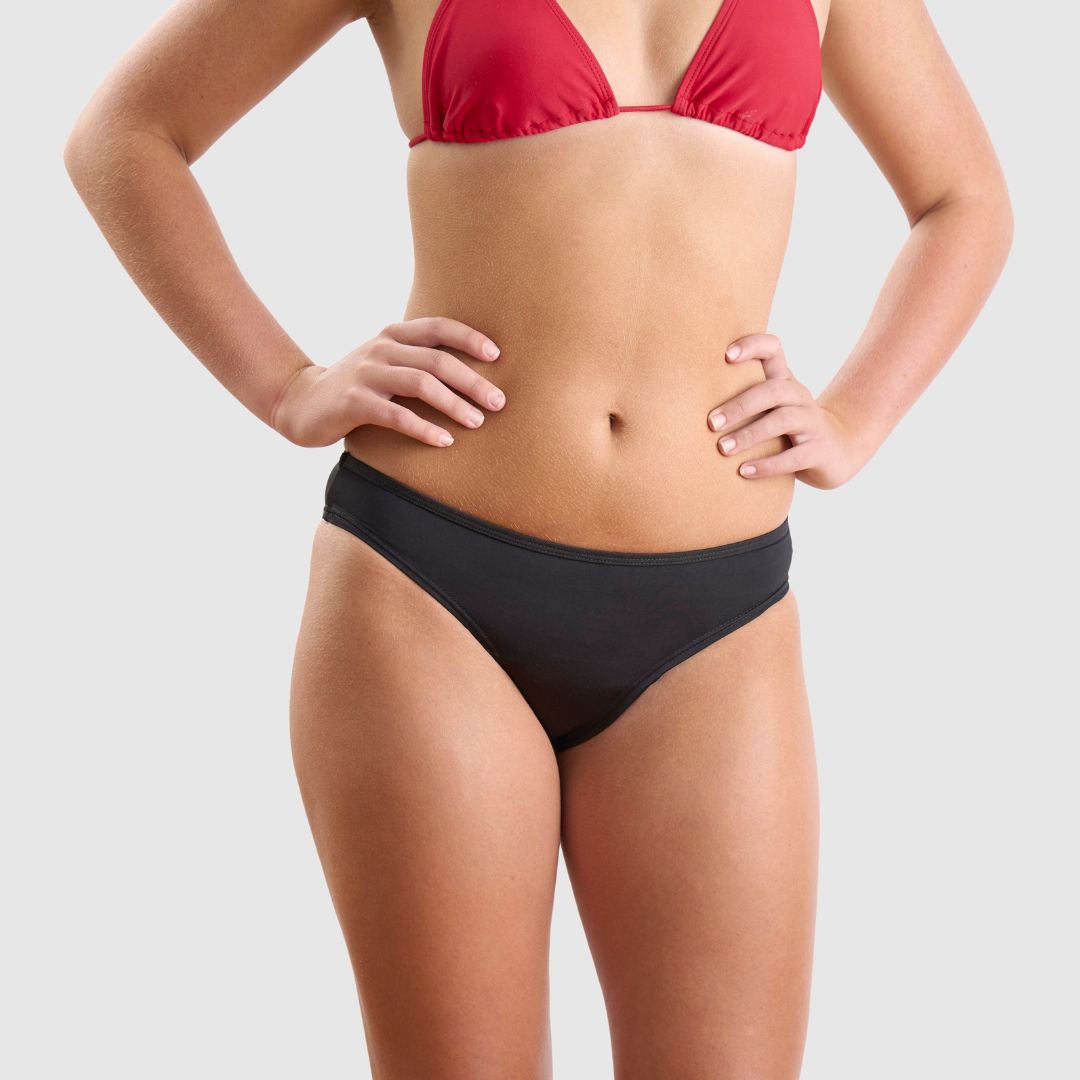 Black Period Swim Bikini Bottoms worn with a red bikini top