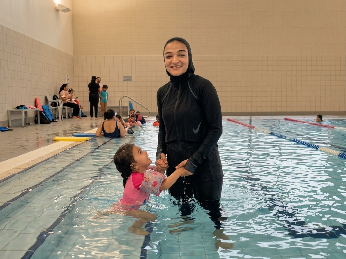 A modestly dressed swimmer supporting a child during a swimming lesson