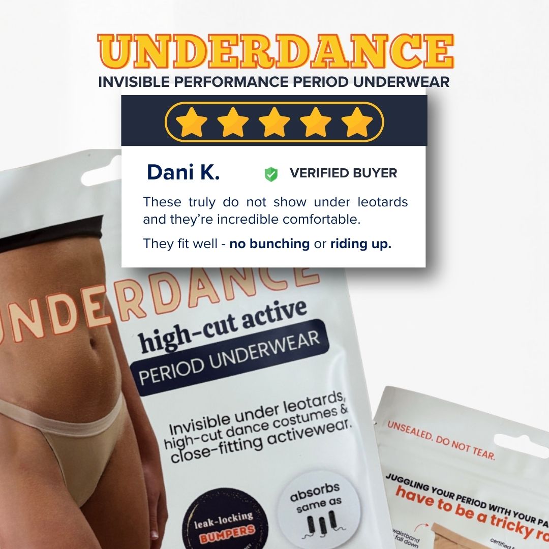 Five-star verified buyer review for UnderDance, noting it does not show under leotards and does not bunch or ride up